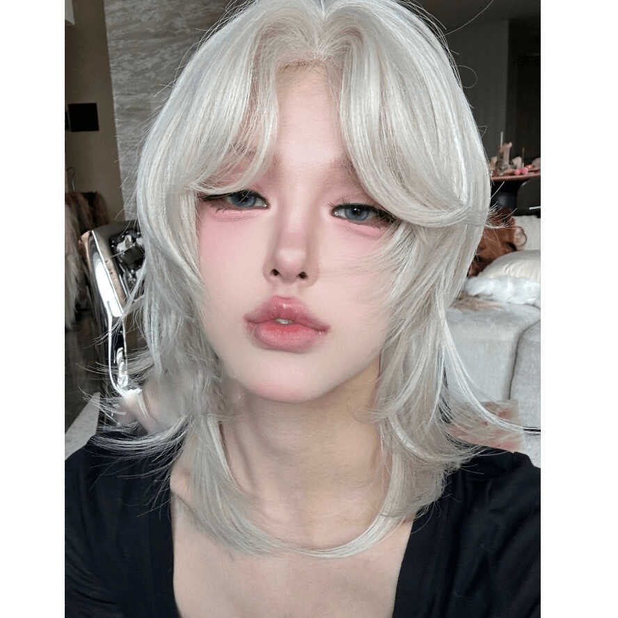 Wig Female Forehead Lace Wolf Tail Short Curly Hair cosplay Dress White Gold Personalized Curly Hair Medium High Level Wig