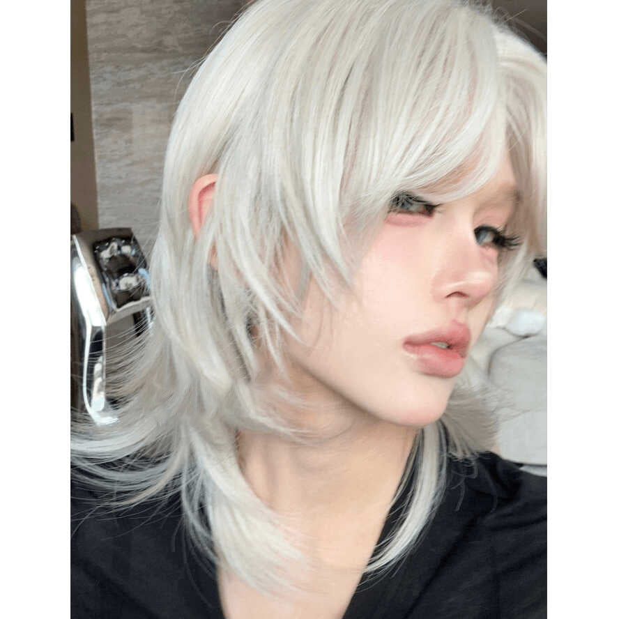 Wig Female Forehead Lace Wolf Tail Short Curly Hair cosplay Dress White Gold Personalized Curly Hair Medium High Level Wig
