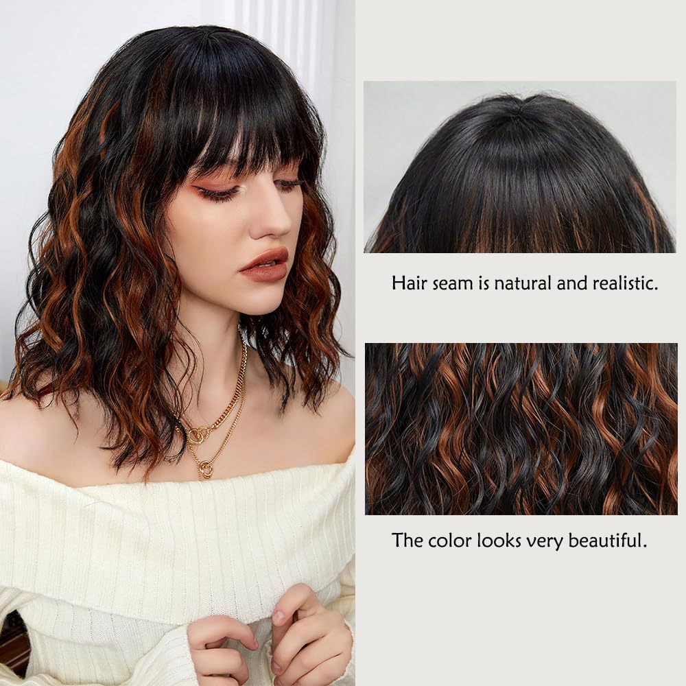 Medium length curly wig with bangs, curly hair, high-temperature silk, synthetic hair cover