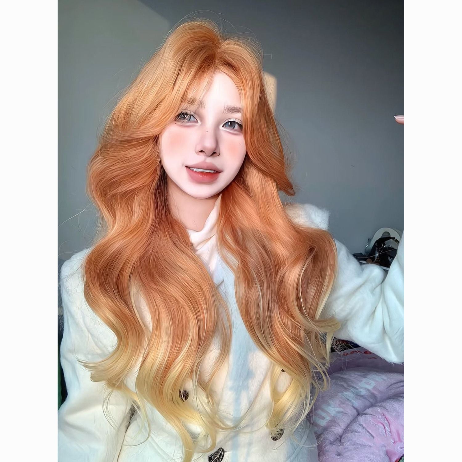 Wig, women's long hair, long curly hair, Paris painting dyeing, orange brown gradient dyeing, gold wave natural simulation full head cover style