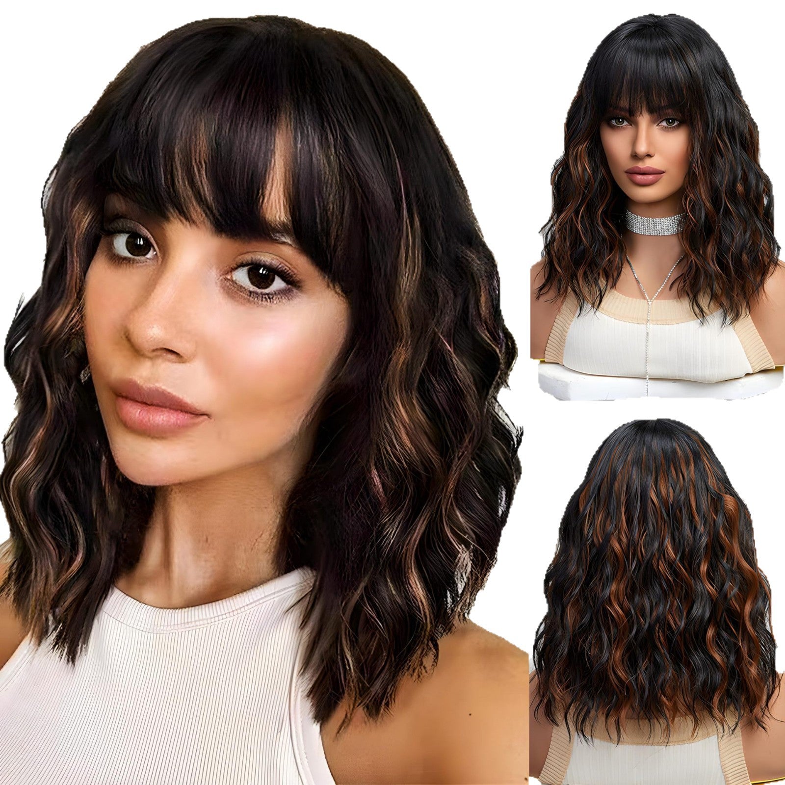 Medium length curly wig with bangs, curly hair, high-temperature silk, synthetic hair cover