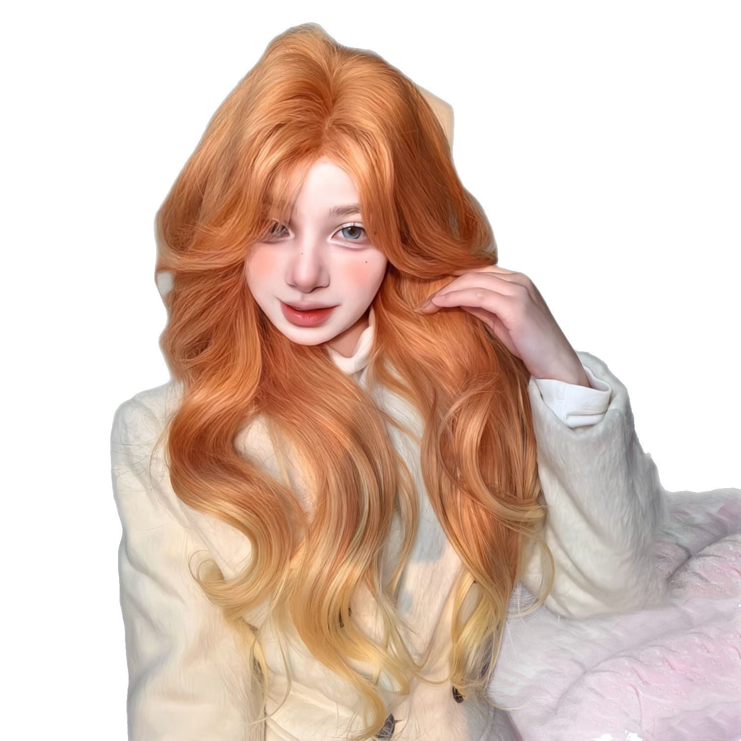 Wig, women's long hair, long curly hair, Paris painting dyeing, orange brown gradient dyeing, gold wave natural simulation full head cover style
