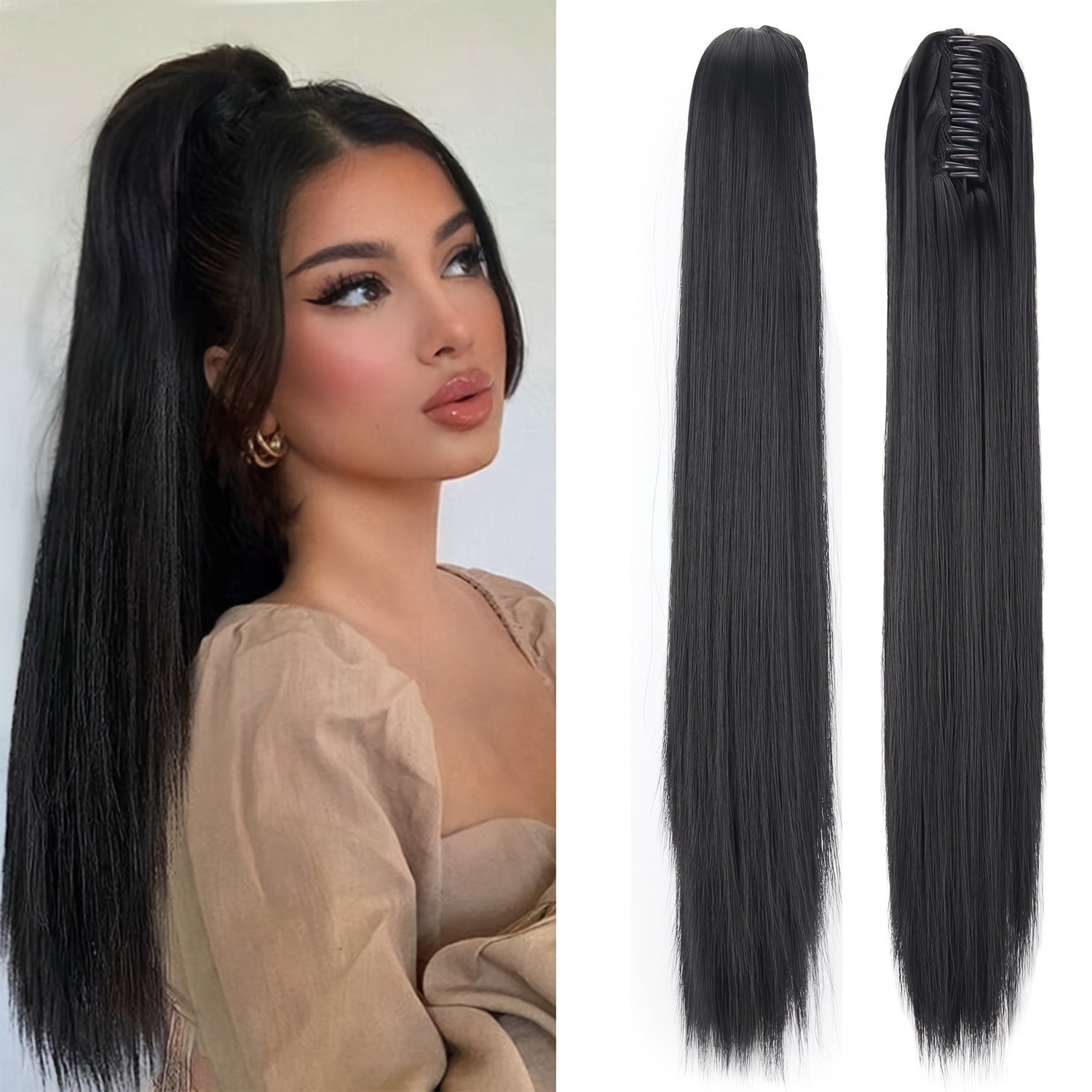 New wig, women's ponytail, medium long hair, simulated hair, natural micro curls, grab clip style ponytail, high ponytail, fake