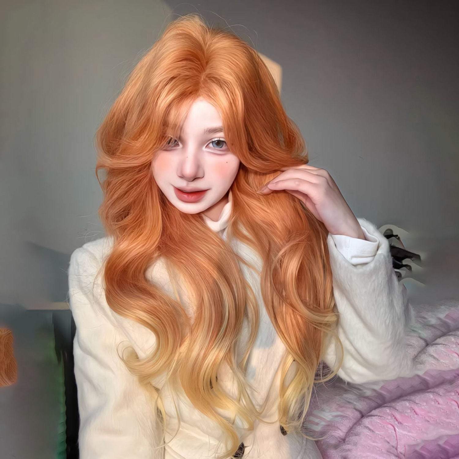 Wig, women's long hair, long curly hair, Paris painting dyeing, orange brown gradient dyeing, gold wave natural simulation full head cover style