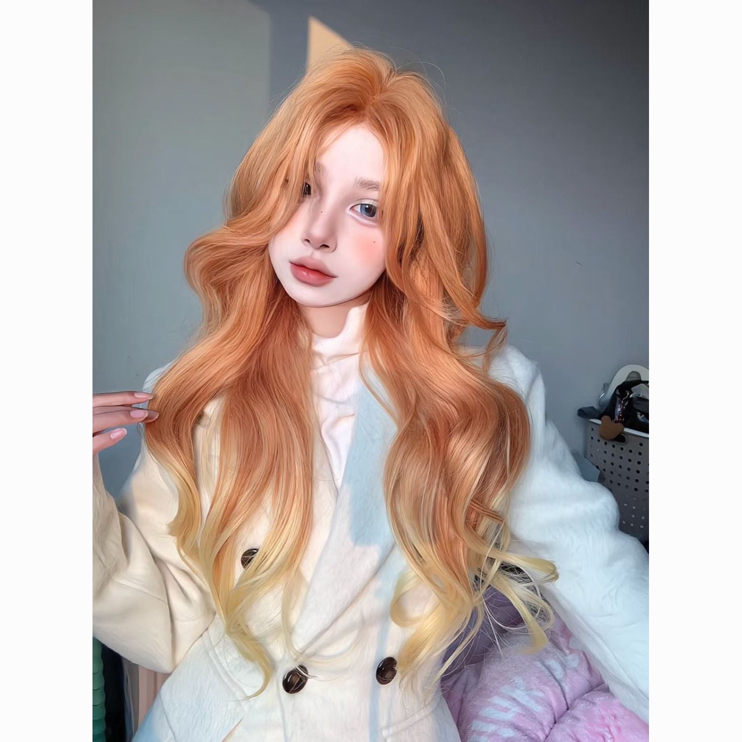 Wig, women's long hair, long curly hair, Paris painting dyeing, orange brown gradient dyeing, gold wave natural simulation full head cover style