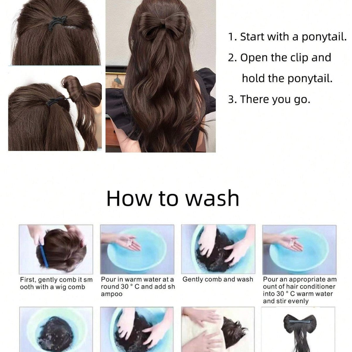 High temperature silk double ponytail wig for women, long straight hair, high ponytail, high temperature matte simulation hair, fluffy hair wig piece