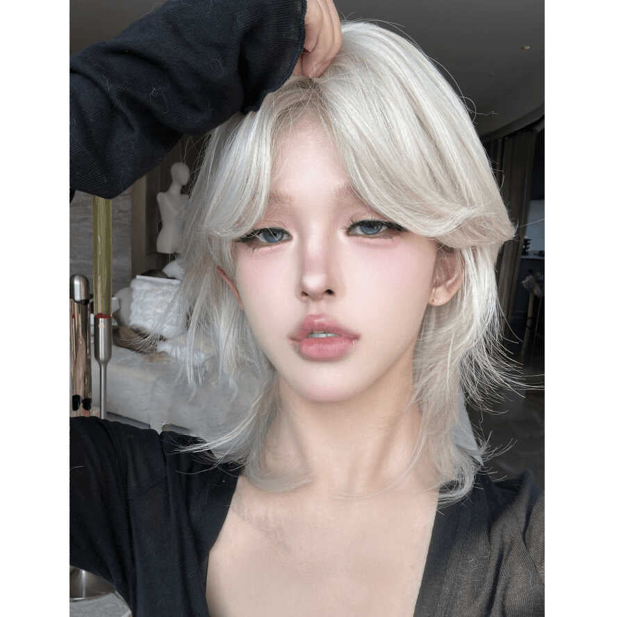 Wig Female Forehead Lace Wolf Tail Short Curly Hair cosplay Dress White Gold Personalized Curly Hair Medium High Level Wig