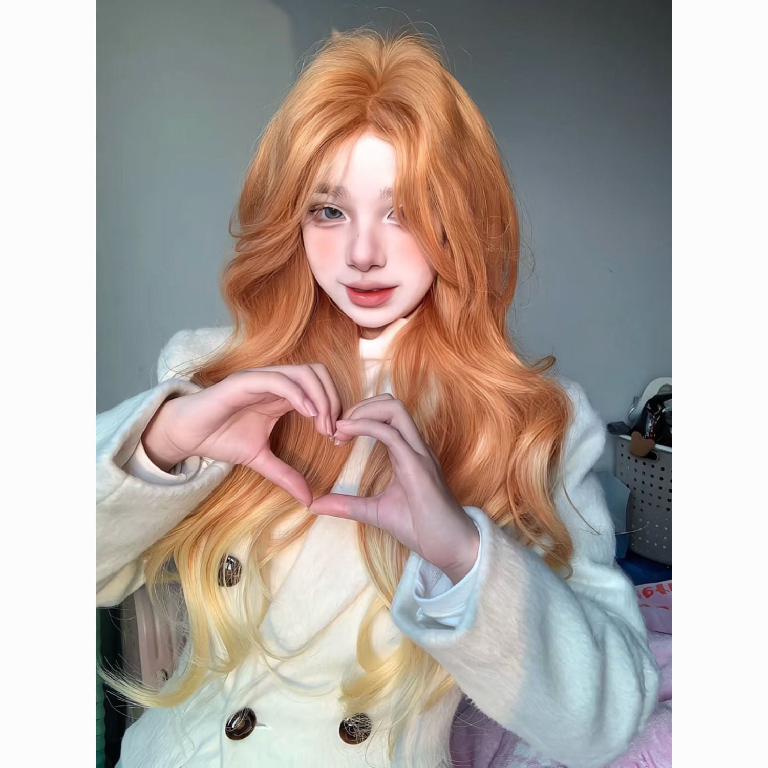 Wig, women's long hair, long curly hair, Paris painting dyeing, orange brown gradient dyeing, gold wave natural simulation full head cover style